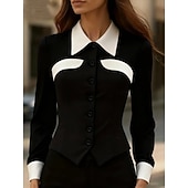 Недорогие Нарядные блузки-Жен. Блуза Пэчворк Пуговицы Контрастных цветов Элегантный стиль Стиль Классика Длинный рукав Рубашечный воротник Обычные топы Повседневные Офис Черный Белый Коричневый Хаки Весна Осень