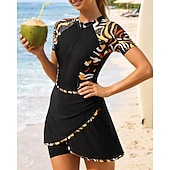 preiswerte One Pieces Rash Guards-Damen Mittel Anti UV Shirt Badeanzug 3 Teile Blumenmuster Bedruckt Reißverschluss Boyleg UV Schutz Schnelltrocknend Elastisch Kurzarm Bademode Badeanzug Surfen Strand Schwimmen Sommer