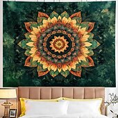 abordables Tapices de pared-Tapiz de mandala verde para colgar en la pared, diseño floral bohemio, gran sala de meditación zen, arte de pared estético, decoración del hogar, arte de pared, telón de fondo, póster de tela