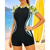 preiswerte One Pieces Rash Guards-Damen Regulär Anti UV Shirt Badeanzug Badeanzüge Blumenmuster Tropisch Reißverschluss UV Schutz Elastisch Kurzarm Bademode Badeanzug Surfen Tauchgerät Schwimmen Sommer