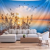 economico Arazzi da parete-Arazzo da parete con tramonto sulla spiaggia tropicale, paesaggio marino con palme e rocce, decorazione murale naturale per camera da letto, sala yoga, spazio per la meditazione