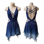 abordables Robes de Patinage Artistique-Robe de patinage artistique Femmes Patinage Robe Bleu marine Patchwork Dos Nu Élastique Entraînement Compétition Tenue de Patinage Classique cristal pailleté Sans manches Patinage sur glace Patinage