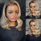 voordelige Pruiken van echt haar, met kanten voorzijde-Echt haar 5x5 Sluiting 4x13 Sluiting Pruik Bobkapsel Braziliaans haar Golvend Blond Pruik 150% 180% Haardichtheid met babyhaar Ombre-haar Haar met highlights / balayage Natuurlijke haarlijn 100% Maagd