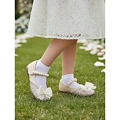 billige Barn &amp; Blomsterpike-Barnesko med perlebånd og sløyfe til blomsterpiker med strass-tå, elegante prinsessesko til små jenter i kunstskinn, komfortable brudesko med lav hæl, perfekte for blomsterpiker
