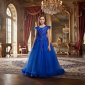 abordables Robes de Fille de Fleurs-Robe de Demoiselle d'Honneur Fille Fille Robe de soirée Tenue de mariage Soirée Mariage Formel Mode Princesse Beau Maille Couleur Unie Sans manches Col Rond Bleu Jaune 4 ans et +
