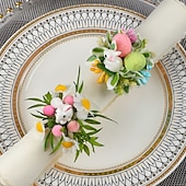 billiga Originella leksaker-6 st servettringar med påskhare, servetthållare med vårblommor och kanin, spräckliga ägg och prästkragar, bordsdekorationer i lantlig stil för påskmiddag, gröna servettringar