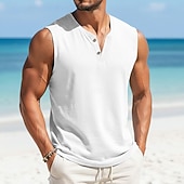 voordelige Katoenen Linnen T-shirts-Voor heren T-shirt Linnenachtig T-shirt Mouwloos Korte mouw V-hals Henley Zomer Effen Met Textuur Modieus Klassiek Casual Puur Casual Straat Sport Wit Top T-shirt voor mannen