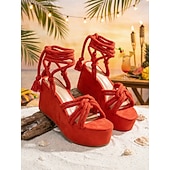 abordables Femmes-sandales à plateforme à lacets en corde orange pour femmes – talons compensés bohèmes pour la plage d'été et les festivals