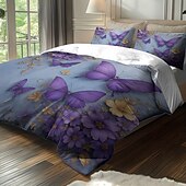 abordables Juegos de funda nórdica-Juego de funda nórdica con estampado de flores y mariposas de rosas moradas, juego de cama estilo hotel con 1 funda nórdica y 2 fundas de almohada, tela de felpa suave, no incluye edredón.