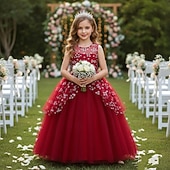 baratos Vestidos de Menina das Flores-Vestido para Meninas das Flores Para Meninas Vestido formal Traje de casamento Festa Casamento Formal Moda Adorável Formal Patchwork Com Transparência Floral Princesa Sem Manga Gola Redonda Azul