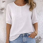 economico T-shirt semplice-Per donna Maglietta in cotone e lino T-shirt ricamata Bottoni Vintage Etnico Casual Mezza Manica Manica a Palloncino Henley Top Regolari Quotidiano Uscire Blu Bianco Giallo Arancione Cachi Estate