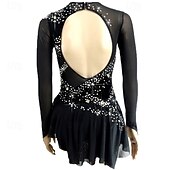 cheap Figure Skating Dresses-Figure Skating Dress Women's Girls' Ice Skating Dress Outfits Black Open Back Asymmetric Hem Spandex Mesh High Elasticity Competition Skating Wear Sequin Long Sleeve Figure Skating
