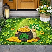 abordables Felpudo-St Patrick's Day Doormat 2D Flat Print Design Featuring Gnome with Pot of Gold and Shamrocks on Sparkling Green Background
