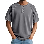 cheap Casual Henley Tee-SoftFade™ Men's Tee Cotton T Shirt Washed Shirt Short Sleeve Henley Summer Spring Solid Color Plain Vintage Designer Casual Faded Buttons Casual Daily Outdoor Gray Top Tee for Men