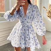 cheap Floral Dress-Women's Mini Dress A Line Dress Slip Dress Vacation Casual Outdoor Going out Regular Fit Floral Long Sleeve V Neck White Purple Green Summer Spring Fall