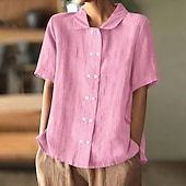 economico Camicie-Per donna Camicie effetto lino Camicia di lino Camicia Estiva Camicia con Bottoni Bottoni Tinta unica Semplice Quotidiano Elegante Casual Manica Corta Collo ripiegato Top Regolari Ferie Uscire