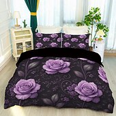 abordables Juegos de funda nórdica-Juego de funda nórdica con estampado de flores y mariposas de rosas moradas, juego de cama estilo hotel con 1 funda nórdica y 2 fundas de almohada, tela de felpa suave, no incluye edredón.