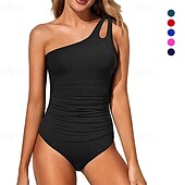 preiswerte Surfen Tankinis &amp; Bikinis-Damen Badeanzug Bademode Ein-Schulter Bademode Einfarbig Badeanzug Schwarz Rote Schnelltrocknend Leicht Atmungsaktiv Ärmellos - Surfen Strand Schwimmen Sommer Frühling