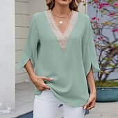 preiswerte Schicke Blusen-Damen Hemd Bluse Chiffon Tops Patchwork Farbblock Stilvoll Lässig Langarm V Ausschnitt Normale Oberteile Täglich Ferien Ausgehen Blau Schwarz Weiß Rosa Himmelblau Sommer Frühling