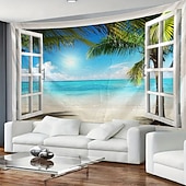 levne Nástěnné tapiserie-3D gobelín s výhledem z okna, pláž, falešné okno, oceán, nástěnná dekorace, tropické palmy, pobřežní krajina, do obývacího pokoje, místnost na jógu.