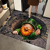 abordables Felpudo-Felpudo con ilusión óptica 3D del Día de San Patricio, alfombra con impresión 2D que presenta a un alegre duende en un pozo de piedra sosteniendo un trébol de cuatro hojas, perfecto para la decoración festiva de la entrada del hogar.