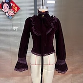 preiswerte Schicke Blusen-Damen Hemd Samt Bluse Knöpfe Einfach Vintage Stilvoll Basic Langarm Hoher Ausschnitt Normale Oberteile Täglich Ferien Ausgehen Rote Frühling Herbst