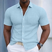  Men's Shirt Texture Casual Shirt Corduroy Shirt Button Up Shirt Black White Burgundy Navy Blue Military Green Short Sleeve Plain Shirt Collar Casual Daily Front Pocket Clothing Apparel Elegant