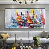 abordables Peintures paysages-Mintura, peinture à l'huile abstraite texturée faite à la main représentant des paysages de bateaux, sur toile. Décoration murale moderne, tableau roulé sans cadre ni châssis.