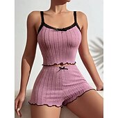 abordables Hauts et bas de nuit pour femmes-Femmes Ensemble Pyjama Occasionnel Confort Couleur Unie Dentelle Taille Élastique Shorts Quotidien Maison Sans manches Bretelles Bleu Blanche Rose Claire Vin Gris Été Printemps Coupe régulière