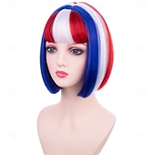  Peruca Azul Vermelha e Branca com Franja para Mulheres e Meninas Peruca Bob Curta do 4 de Julho Festa Peruca Sintética Resistência ao Calor