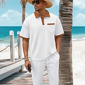 preiswerte Basic T-Shirts für Herren-2-teiliges Herren-Sommer-Waffel-Polohemd &amp;Polo-Hose, passendes Set, Strandkleidung, Alltagskleidung, Ausgehkleidung, Kordelzug, schlicht, schwarz, weiß, königsblau, Sportbekleidung, Mode