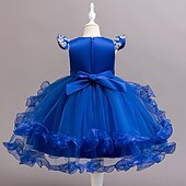 abordables Robes de Fille de Fleurs-Robe de Demoiselle d'Honneur Fille Fille Robe de soirée Tenue de mariage Soirée Mariage Formel Mode Adorable Princesse Patchwork Broderie Fleuri Sans manches Col en V Bleu Champagne 4 ans et +