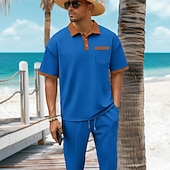 preiswerte Basic T-Shirts für Herren-2-teiliges Herren-Sommer-Waffel-Polohemd &amp;Polo-Hose, passendes Set, Strandkleidung, Alltagskleidung, Ausgehkleidung, Kordelzug, schlicht, schwarz, weiß, königsblau, Sportbekleidung, Mode