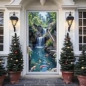 economico Striscioni per Garage e Porte-Tenda da ingresso con vista realistica della natura, da appendere alla parete per l'ingresso del portico, con banner per porta da giardino giapponese in 3D, scena con cascata e laghetto koi.