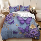 abordables Juegos de funda nórdica-Juego de funda nórdica con estampado de flores y mariposas de rosas moradas, juego de cama estilo hotel con 1 funda nórdica y 2 fundas de almohada, tela de felpa suave, no incluye edredón.