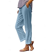  Calça chino feminina 100% algodão, ideal para o verão, férias e estilo streetwear. Comprimento total, cintura média, lisa, com bolsos, cintura elástica, confortável e sem elasticidade. Perfeita para uso diário, atividades ao ar livre e férias. Disponível