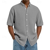  Bărbați Cămașă Cămașă Waffle Textură Cămașă casual Camașă cu nasturi Negru Alb Roșu Vin Bleumarin Albastru celest Manșon scurt Simplu Rever Zilnic Haine de strada Îmbrăcăminte Modă Modern Casual