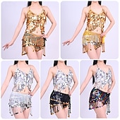 cheap Tops &amp; Sets-Samba Dancewear Silver Sequin Tassel Top &amp; Iridescent Skirt Belly Dance Setl Performance Costume