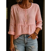 baratos Camisas-Mulheres Camisas com toque de linho Blusa Franzido Côr Sólida à moda Casual Manga Longa Gola Redonda Tops regulares Diário Azul Branco Verde Claro Rosa Verde Verão Primavera Outono
