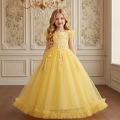 abordables Robes de Fille de Fleurs-Robe de Demoiselle d'Honneur Fille Fille Robe de soirée Tenue de mariage Soirée Mariage Formel Mode Princesse Beau Maille Couleur Unie Sans manches Col Rond Bleu Jaune 4 ans et +