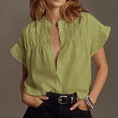 cheap Plain Blouses-Women's Linen Like Faux Cotton Linen Shirt Casual Shirt Button Up Shirt Ruched Ruffle Buttons Solid Color Plain Daily Stylish Casual Short Sleeve Stand Collar  Holiday Beach Wear Vacation Wear