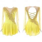 abordables Robes de Patinage Artistique-Robe de patinage artistique Femmes Patinage Robe Bleu marine Noir Jaune Patchwork Trou de pouce Élastique Entraînement Compétition Tenue de Patinage Classique cristal pailleté manche longue Patinage