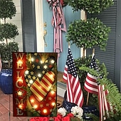  Bandiera da giardino del 4 luglio con luci a LED, bandiera americana patriottica illuminata con cuore di benvenuto per esterni, bandiera da giardino in tela di iuta bifacciale per il giorno