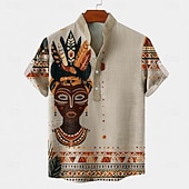 billiga Etniskt mönster-Herr Etik / afrikansk Urfolk Skjorta Button Down skjorta Kortärmad Vintage retro Helgdag Ledigt / vardag Sommar Vår Kinakrage Henley krage 3D-utskrift Linne som skjorta 다크 카키 Svart Grön Kaki
