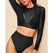 preiswerte Surfen Tankinis &amp; Bikinis-Damen Bikini-Sets Bikini mit hohem Bund Einfarbig Netz UV Schutz Elastisch Langarm Bademode Badeanzug Surfen Tauchen Schwimmen Sommer