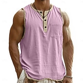 tanie Tank topy sportowe-Męskie Koszula lniana Bezrękawnik Kamizelka Top Podkoszulki Bez rękawów Henley Lato Wiosna Równina Moda Designerskie Podstawowy Kieszeń Guziki Codzienny Urlop Ulica Czarny Rumiany róż Granatowy Top