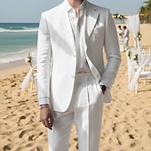 cheap Beach Suits-Men's Linen Suits Beach Wedding Spring Wedding Black White Spring &amp; Summer Suit Notch Lapel Fashion Party Solid Colored Tailored Fit 2 Piece Single Breasted Two-buttons