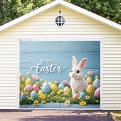billiga Semestertapeter-Påskgarageportsskydd 157,48 x 70,87 tum söt kanin som bryter igenom väggen färgglada ägg rolig påskdekor utomhusgarage vårfest familjefest bakgrundsscen