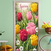 cheap Door Covers-Easter Spring Tulips Door Cover, Vibrant Red, Yellow, and Pink Blooms with Dew Drops, Fresh Floral Bunny Decor for Holiday Doors and Outdoor Spring Decorations