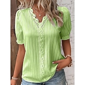  Pentru femei Tricou Tee Top Dantelă Peteci Simplu Modă Stilat Clasic Manșon scurt În V Topuri obișnuite Zilnic Ieșire Sfârșit de săptămână Negru Alb Galben Albastru celest Mov Vară Primăvară
